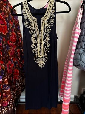 Lilly Pulitzer Navy Dress with Gold Embroidery